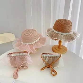 Детская соломенная шляпа с сумочкой, цветочное кружево, дышащая пляжная шляпа, сумки, детская шляпа для мальчиков и девочек, цветочное солнцезащитное козырьковое покрытие