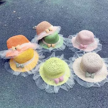 Детская соломенная шляпа женская пляжная шляпа милая принцесса сетчатая пряжа жемчужный бант из мультфильма соломенная шляпа детская шляпа оранжевый