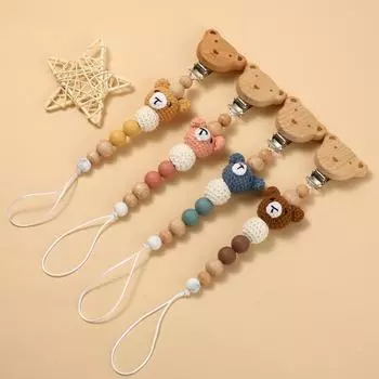 Детская соска-зажим из бука и дерева, мультяшные животные, бусины для вязания крючком, силиконовая цепочка для соски, игрушки для кормления, детская соска-зажим, цепочка для соски коричневый