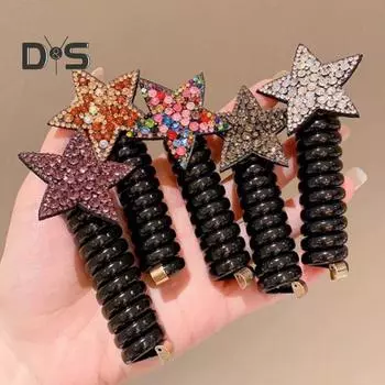 Детская спиральная резинка для волос, милая звезда со стразами, без складок, бесследная эластичная силиконовая резинка для девочек, телефонный шнур для девочек, высокий держатель для хвоста, веревка для волос, аксессуары для волос серебряный