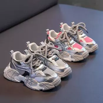 Детская спортивная обувь для родителей и детей Осенью Обувь Pops для мальчиков Модная обувь для девочек Повседневная обувь для детей среднего и большого возраста 26 серебряный