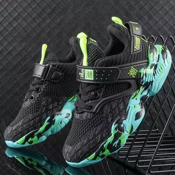 Детская спортивная обувь, камуфляжная ультразвуковая, легкая и модная дышащая спортивная обувь для девочек с сеткой 28 чёрный/зелёный