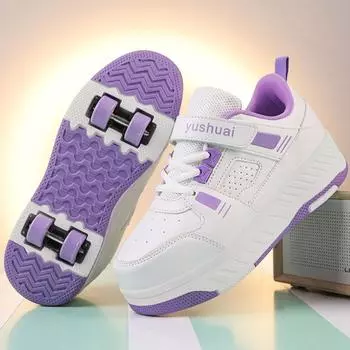 Детская спортивная обувь на четырех колесах Съемные плоские туфли Детская обувь для катания на роликах Обувь для детей 31 белый/фиолетовый