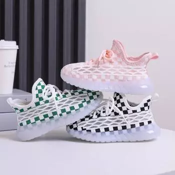 Детская спортивная обувь Повседневная обувь Обувь для девочек с сеткой Кроссовки Классические черно-белые туфли в клетку 22 чёрный