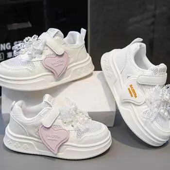 Детская спортивная обувь с перламутровым бантом, противоскользящая, износостойкая, дышащая, новая повседневная обувь для девочек на открытом воздухе 26 белый