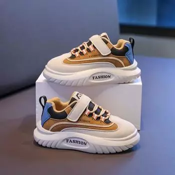 Детская спортивная обувь с толстой мягкой подошвой для мальчиков и девочек, повседневная обувь в стиле пэчворк 2024, новые универсальные детские туфли на плоской подошве с липучкой 27 хаки