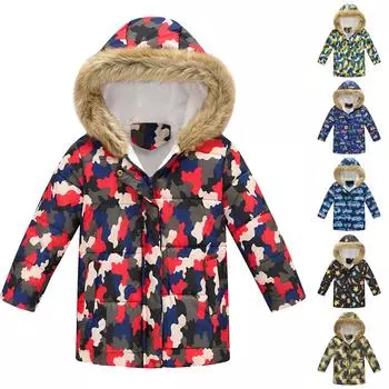 Детская стеганая куртка для мальчиков и девочек, модная стеганая куртка с капюшоном и длинным воротником из мультфильма для больших мальчиков 130 камуфляжный
