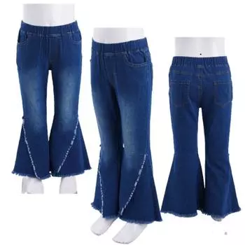 Детская стильная одежда для девочек, эластичный пояс, рваный пояс с расклешенным низом, джинсовые повседневные широкие брюки 3-4 Years темно-синий
