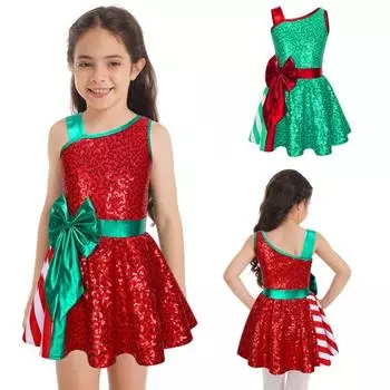 Детская стильная танцевальная одежда для девочек, асимметричное лоскутное платье в полоску без рукавов, рождественские наряды 5-6 Years красный