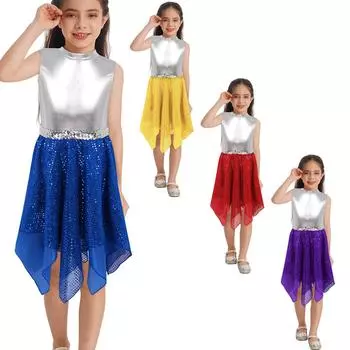 Детская стильная танцевальная одежда для девочек с круглым вырезом, бронзовая ткань, блестящие пайетки, декорированное платье для сценического костюма 5-6 Years королевский синий