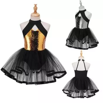 Детская стильная танцевальная одежда для девочек, сетчатое платье-пачка без рукавов с блестящими блестками и декором на бретелях, сетчатое танцевальное платье 3-4 Years золотой