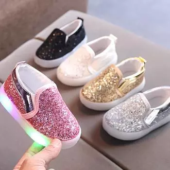 Детская светодиодная обувь, модные однотонные детские кроссовки с блестками, дышащая светящаяся обувь для девочек, повседневная обувь на мягкой подошве 21 серебряный