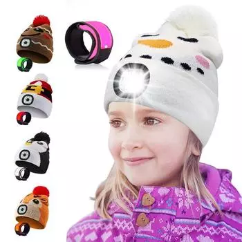 Детская светодиодная шапка с USB-перезаряжаемой налобной лампой и светодиодным браслетом. Зимняя теплая вязаная шапка с ночником. Подходит для кемпинга, бега, прогулок. 20*18cm белый