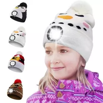 Детская светодиодная шапка с USB-перезаряжаемой налобной лампой и светодиодным браслетом. Зимняя теплая вязаная шапка с ночником. Подходит для кемпинга, бега, прогулок. 20*18cm белый