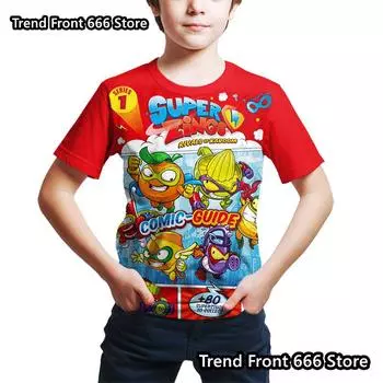 Детская свободная футболка Super Zings, футболки для мальчиков с рисунком аниме, летние топы с коротким рукавом и круглым вырезом для детей ростом 100-160, топы 100cm
