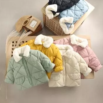 Детская свободная одежда с хлопковой подкладкой. Детская короткая куртка в клетку с ромбовидной подкладкой из хлопка. Очень толстое теплое пальто с шерстяным воротником для мальчиков и девочек. 100 бежевый