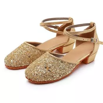 Детская танцевальная обувь для латинских танцев сальсы и танго с блестками для девочек, современная обувь для социальных бальных танцев на мягкой подошве на низком каблуке 30 золотой
