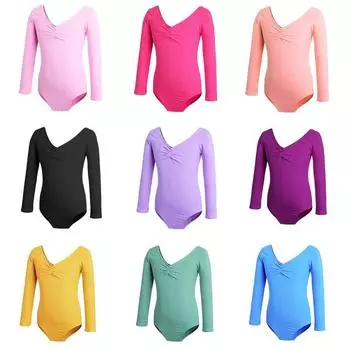 Детская танцевальная одежда для девочек, балетные костюмы с длинными рукавами, однотонные, с открытым шаговым швом, цельные костюмы для выступлений 130