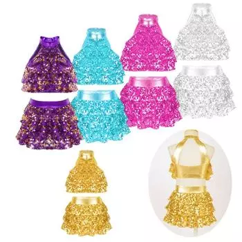 Детская танцевальная одежда для девочек, блестящие костюмы для джазовых танцев, укороченный топ без рукавов с юбками, комплект танцевальной одежды 3-4 Years золотой