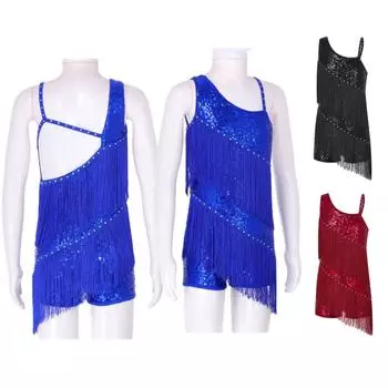 Детская танцевальная одежда со стразами и блестками, декор с кисточками, шорты, боди для девочек, сценический костюм для латинских танцев 5-6 Years королевский синий
