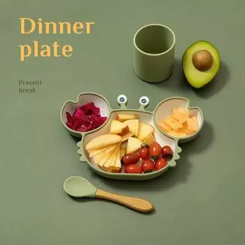 Детская тарелка для кормления с милым крабом, детская посуда, силиконовая присоска, нескользящая миска для детского питания для детей зелёный