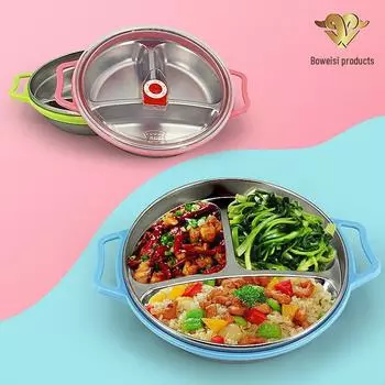 Детская тарелка из нержавеющей стали 304 с разделителями - Круглая, с двойными ушками, утолщенный дизайн Without Lid синий