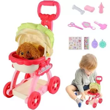 Детская тележка для животных, развивающая и ролевая игра, ролевая игрушка для животных, с плюшевой собакой, наклейками, расческой, зеркалом, рождественским подарком для детей