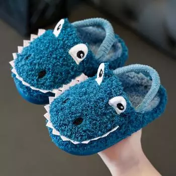 Детская теплая хлопковая обувь, осенне-зимние нескользящие удобные плюшевые тапочки с мультяшной подошвой для мальчиков и девочек 22 синий