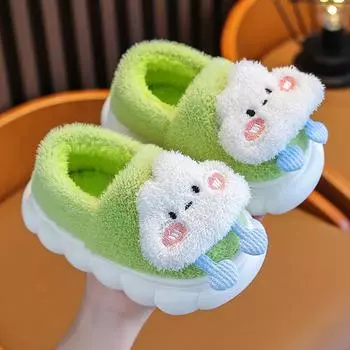 Детская теплая хлопковая обувь, осенне-зимние новые хлопковые тапочки с рисунками животных для мальчиков и девочек, нескользящие мягкие плюшевые тапочки 22 зелёный
