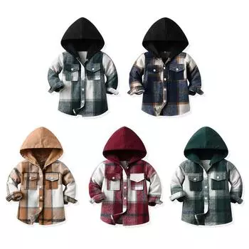 Детская теплая клетчатая рубашка, детское пальто с капюшоном и застежкой на пуговицы 130