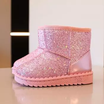 Детская теплая обувь, осенне-зимние ботинки, зимняя обувь для мальчиков и девочек, модные блестящие мягкие нескользящие ботинки для девочек 25-36, спортивные зимние ботинки 25 чёрный