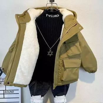 Детская теплая плюшевая куртка для мальчиков с капюшоном, повседневная куртка из плотного хлопка на осень и зиму, детская одежда для малышей, стильная хлопковая куртка 100cm чёрный