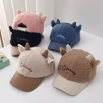 Детская теплая плюшевая шапка с мультяшным рогом, флисовые детские шапки