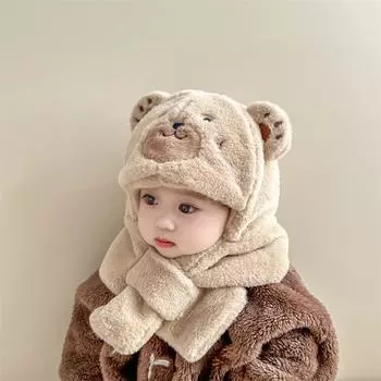 Детская теплая шапка-шарф, интегрированная уличная детская шапка с ушками, милый медведь, детская пушистая шапка, ветрозащитная 10-36 months (42-52 cm) + double fleece