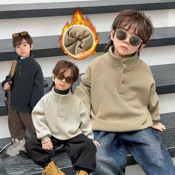 Детская теплая толстовка из австрийского бархата с воротником-стойкой, плюс утолщенный бархат, однотонный топ на пуговицах для детей 100 yards, recommended height 80-90cm бежевый