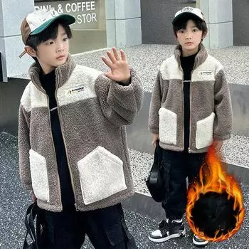 Детская теплая верхняя одежда из овечьей шерсти для мальчиков и девочек, осенне-зимние куртки для детей, верхняя одежда из бархата, новые модные повседневные пальто 160 серый