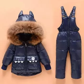 Детская теплая зимняя куртка-пуховик, парка с капюшоном, комбинезон для мальчиков и девочек, детская одежда, детский зимний комбинезон, комплект зимней одежды 120cm чёрный