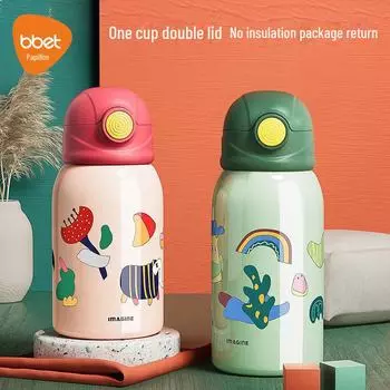 Детская термокружка из нержавеющей стали с трубочкой - Детская обучающая кружка для детского сада 401-500ml зелёный