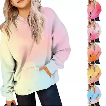 Детская толстовка для девочек, градиентный цвет, длинный рукав, капюшон, карман, толстовка 110