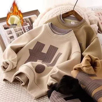 Детская толстовка для мальчиков, флис, теплые толстовки без капюшона с буквенным принтом, осенняя детская одежда для подростков, повседневные весенние топы 120cm хаки