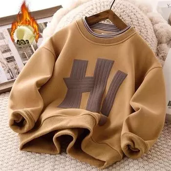 Детская толстовка для мальчиков, флис, теплые толстовки без капюшона с буквенным принтом, осенняя детская одежда для подростков, повседневные весенние топы 120cm хаки