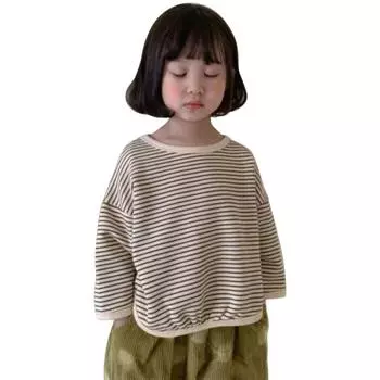 Детская толстовка с длинными рукавами для девочек, полосатый топ, детская свободная футболка 130