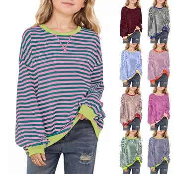 Детская толстовка с длинными рукавами, полосатый топ с цветными блоками, круглый вырез, повседневная, удобная, свободная, легкая толстовка 140 розовый