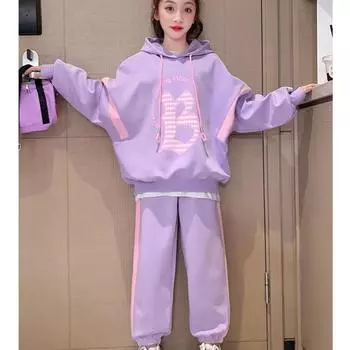 Худи для девочек, свитер и спортивные штаны, костюм-двойка, осенний подростковый комплект одежды для девочек, детский спортивный костюм с буквенным принтом 170 чёрный
