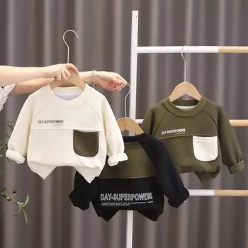 Детская толстовка с капюшоном для мальчиков, осенний хлопковый свитер с длинными рукавами, свободный топ для мальчиков с круглым вырезом, рубашка для малышей 80cm зелёный