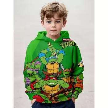 Детская толстовка с капюшоном и длинными рукавами с принтом черепашек-ниндзя и карманами для мальчиков, для занятий спортом на открытом воздухе и отдыха 100