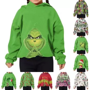 Детская толстовка с капюшоном и длинными рукавами с праздничным принтом, свободная толстовка для мальчиков и девочек, толстовка 150 зелёный