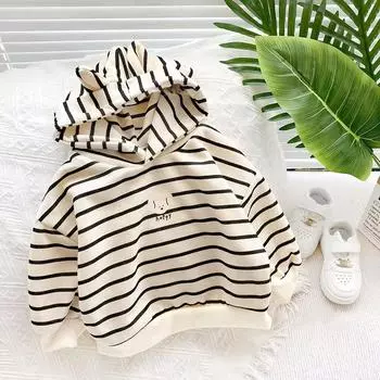 Детская толстовка с капюшоном и мультяшными ушками в полоску, модная детская толстовка в корейском стиле с длинным рукавом, осенняя повседневная бежевая детская толстовка унисекс 80 бежевый