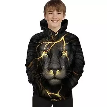 Детская толстовка с капюшоном с 3D-графикой льва унисекс, повседневная, слегка растягивающаяся, дышащая, для мальчиков и девочек, осень-зима, для активного отдыха 100CM