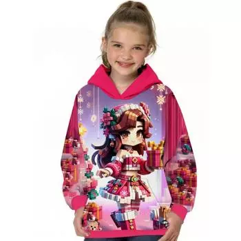 Детская толстовка с капюшоном с длинным рукавом для девочек, летняя одежда с рождественским мультяшным персонажем, кавайная детская одежда с круглым вырезом, топ для девочек 100CM